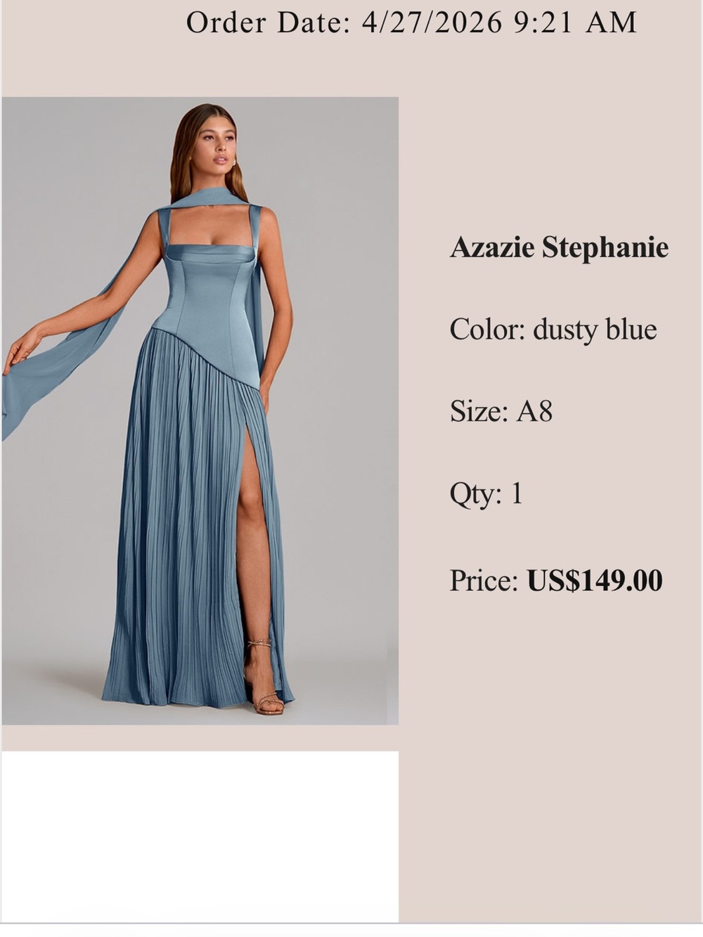 Azazie Stephanie Dusty Blue Pleated A-Line Satin Gown with Sash - Picture 4 of 4